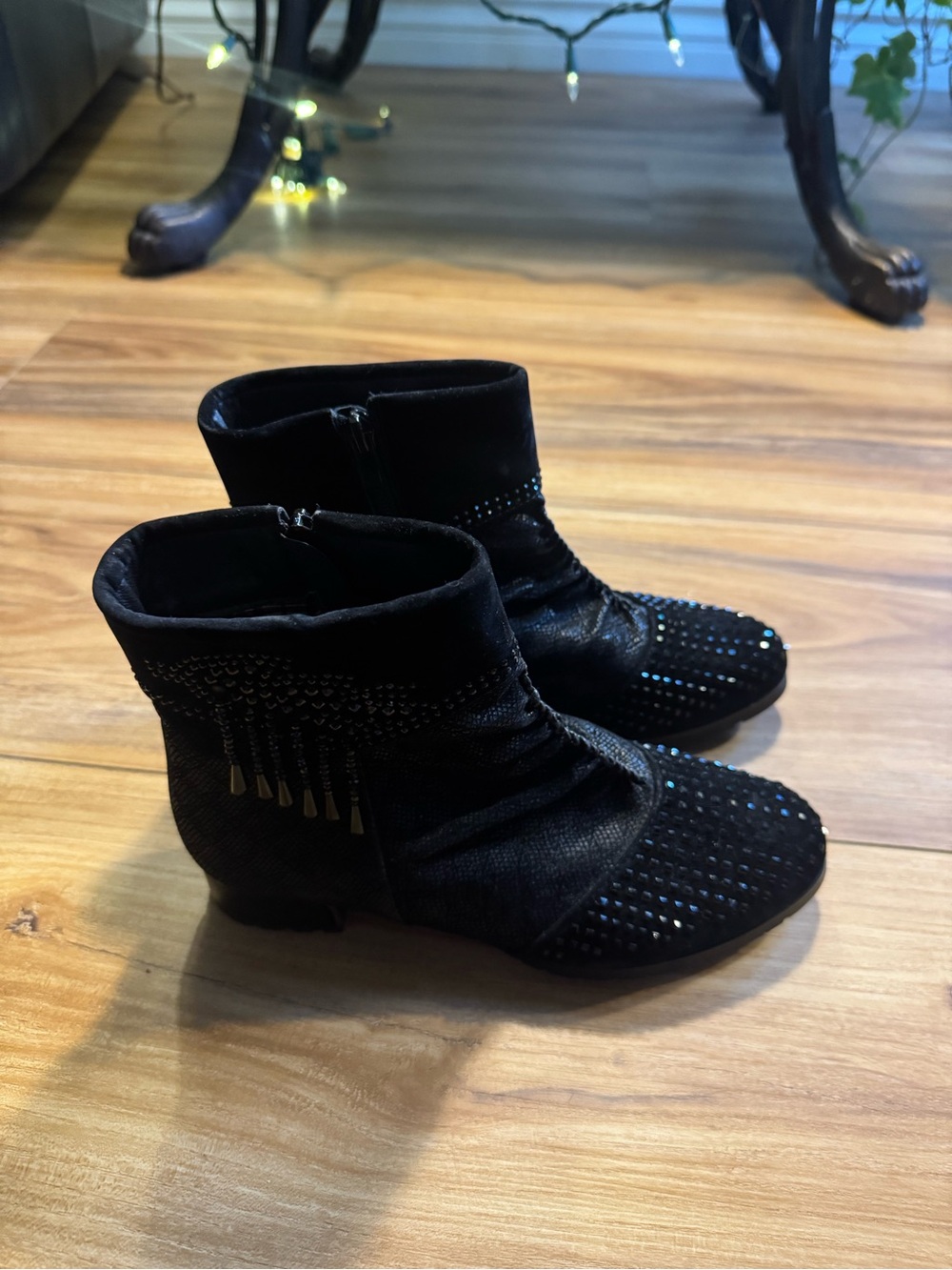 Embellished Black Ankle Heeled Boots with Tassel Accents